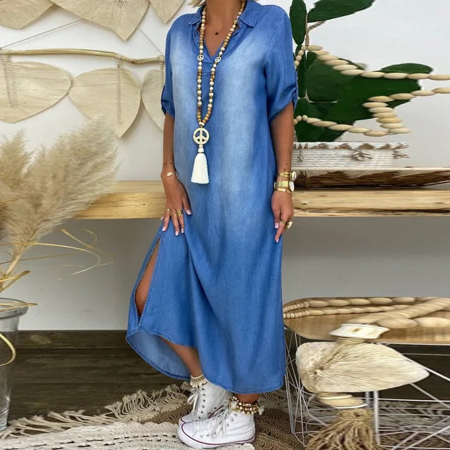 Lunara™ | Vestido largo de denim con aberturas laterales