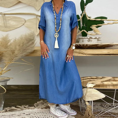 Lunara™ | Vestido largo de denim con aberturas laterales