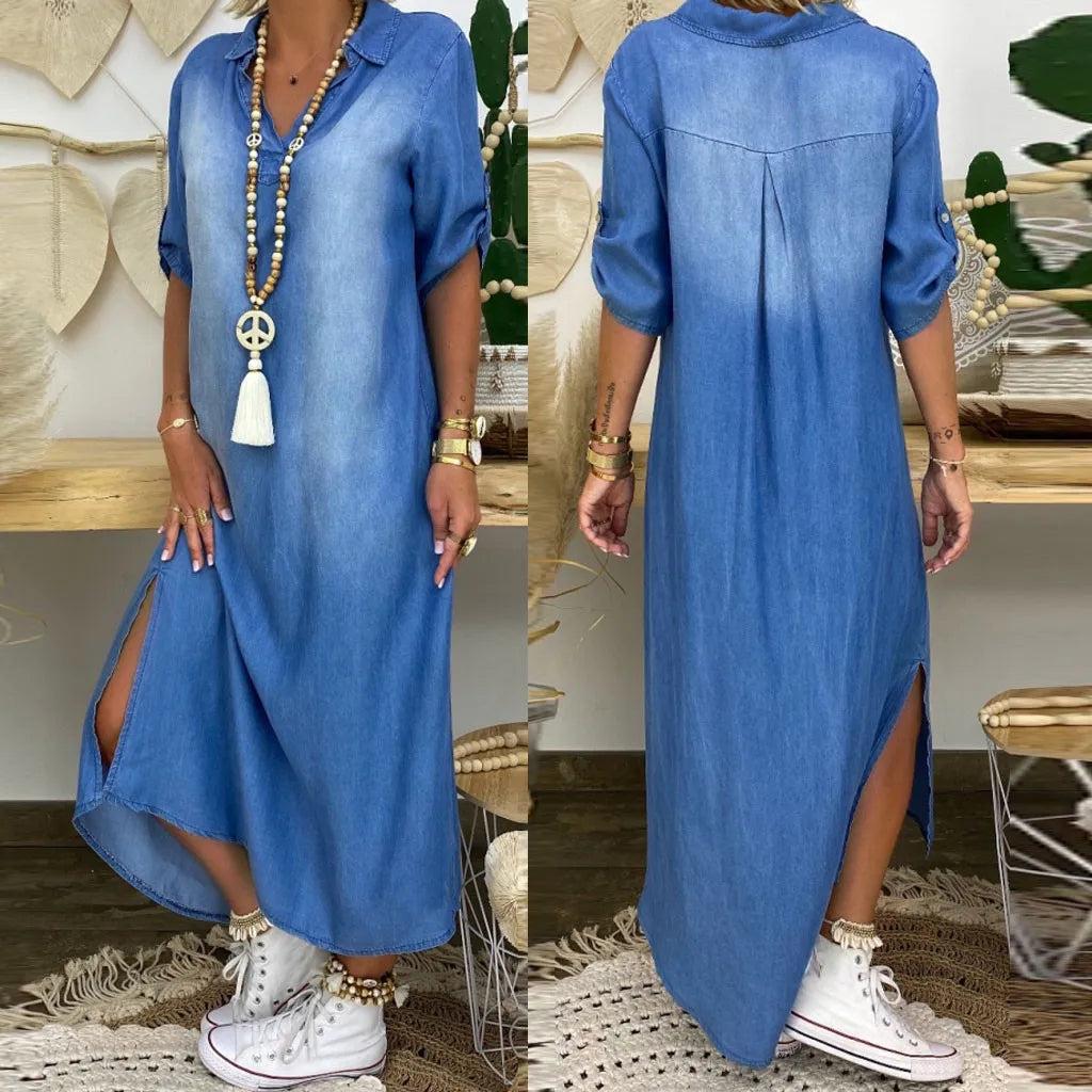 Lunara™ | Vestido largo de denim con aberturas laterales