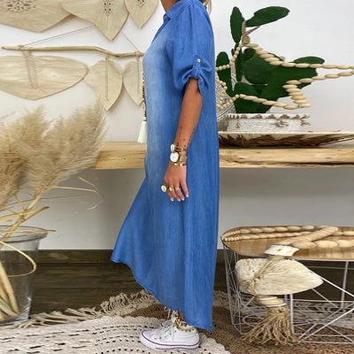Lunara™ | Vestido largo de denim con aberturas laterales