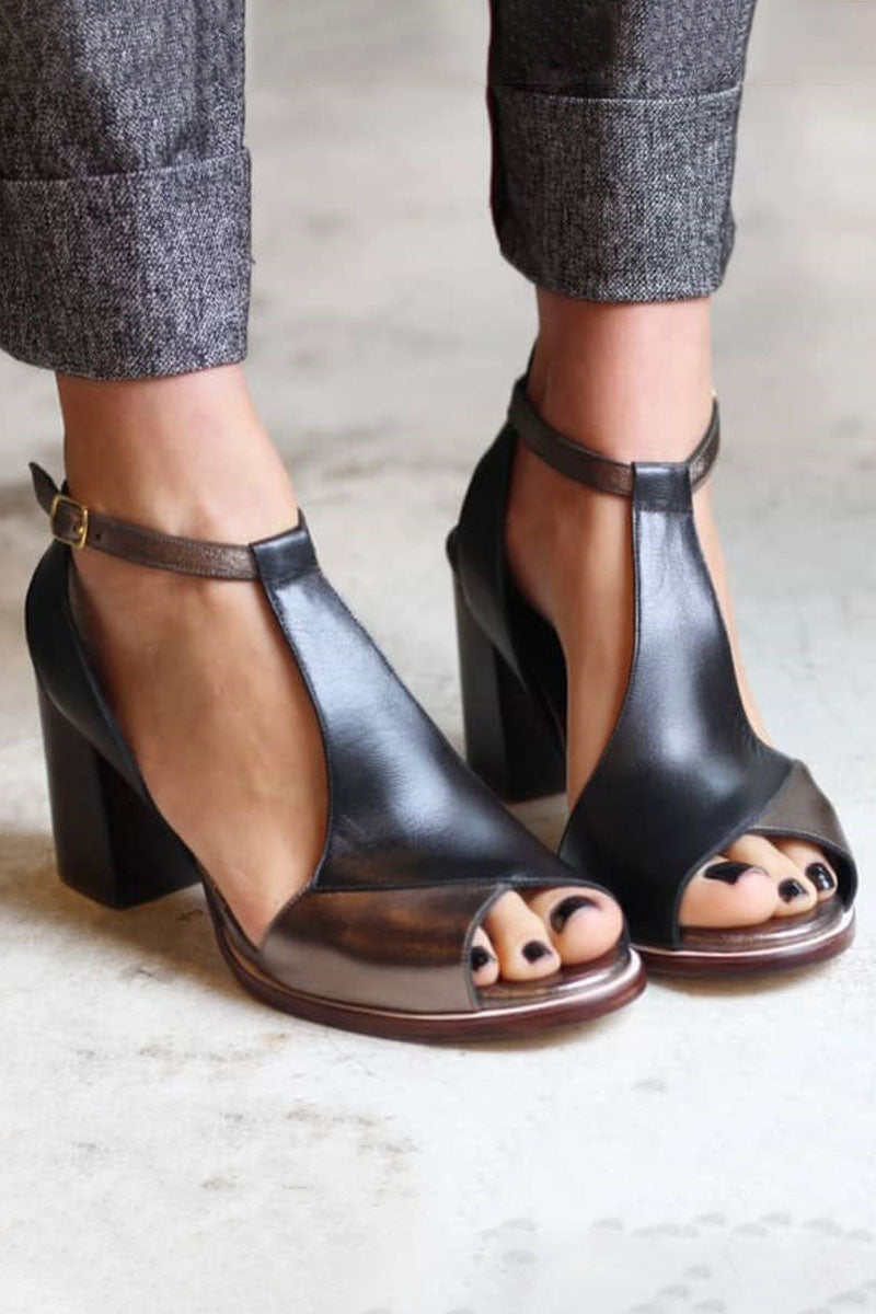 Anyao™ | Sandalias de tacón y punta abierta en patchwork negro