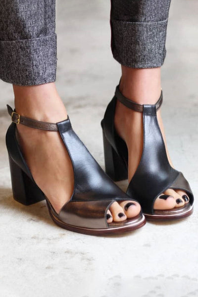 Anyao™ | Sandalias de tacón y punta abierta en patchwork negro