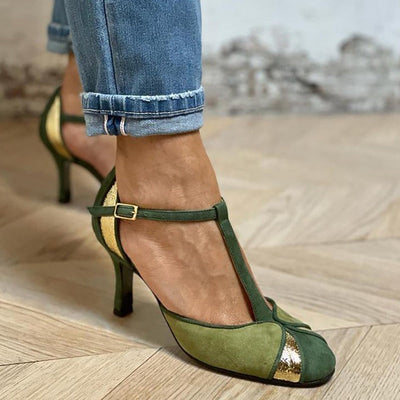Alona™ | Elegante zapato de tacón con diseño patchwork, cinturón en T y punta cerrada para un look sofisticado