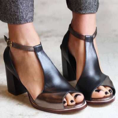 Anyao™ | Sandalias de tacón y punta abierta en patchwork negro